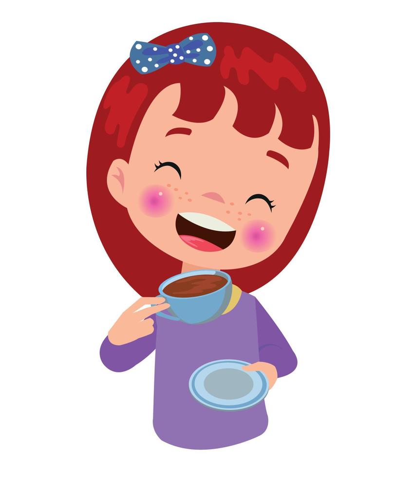 un niña con un taza de café y un arco en su cabeza es participación un taza de café. vector