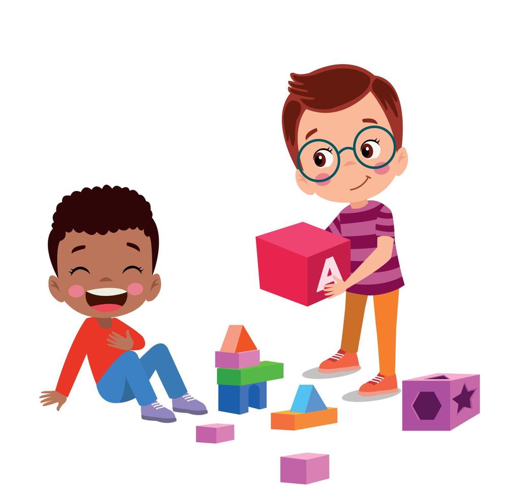 Vector Illustration Of Kid Playing With Building Blocks