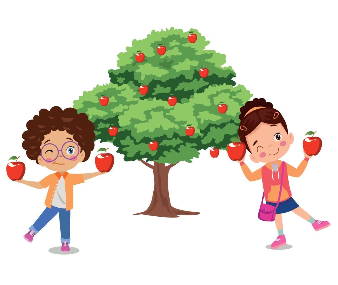 boy picking apples from tree vector