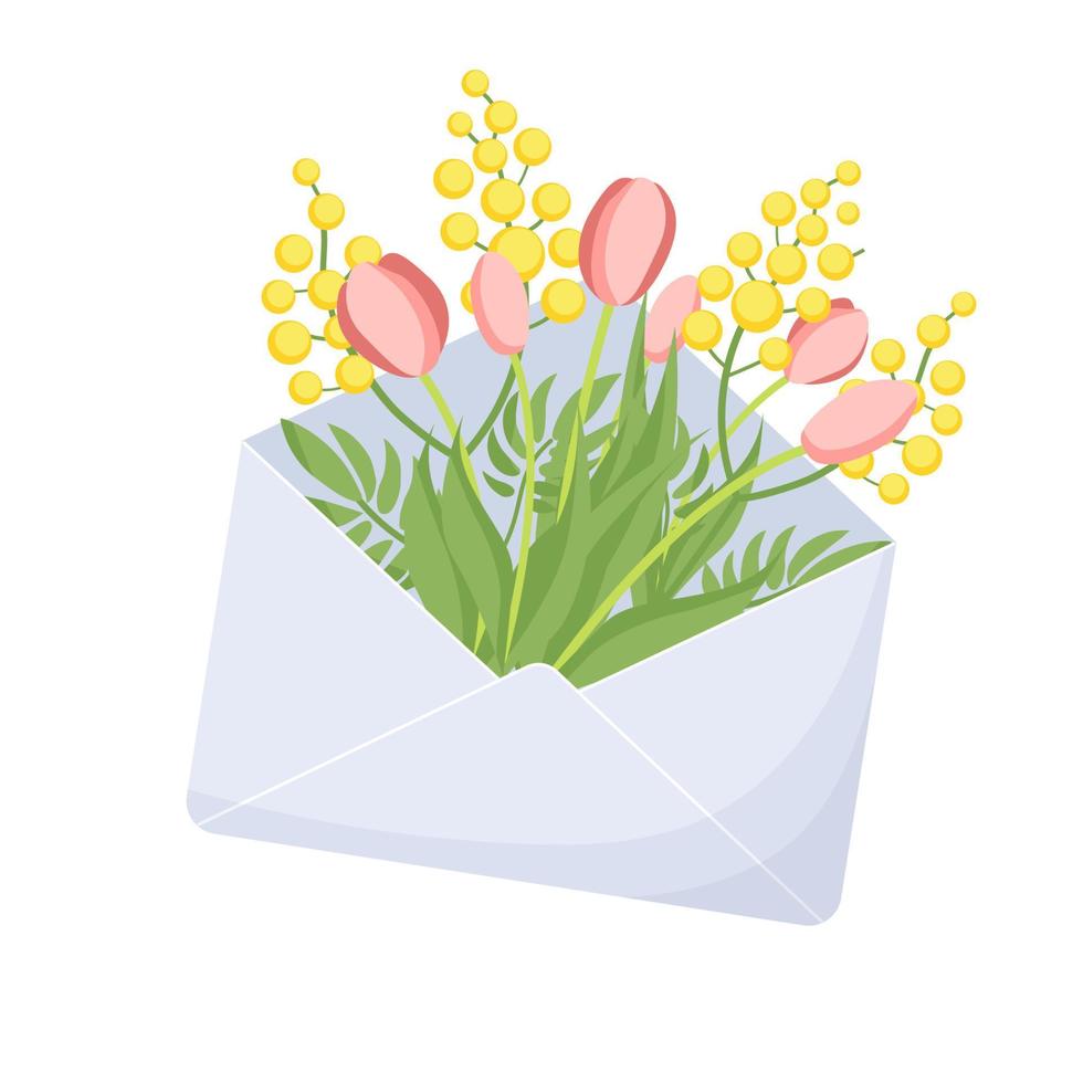 Spring illustration with flowers in an envelope. Tulips and mimosa. Flat style. vector