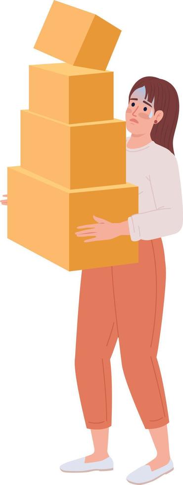 Woman with heavy carton boxes pile in hands semi flat color vector character