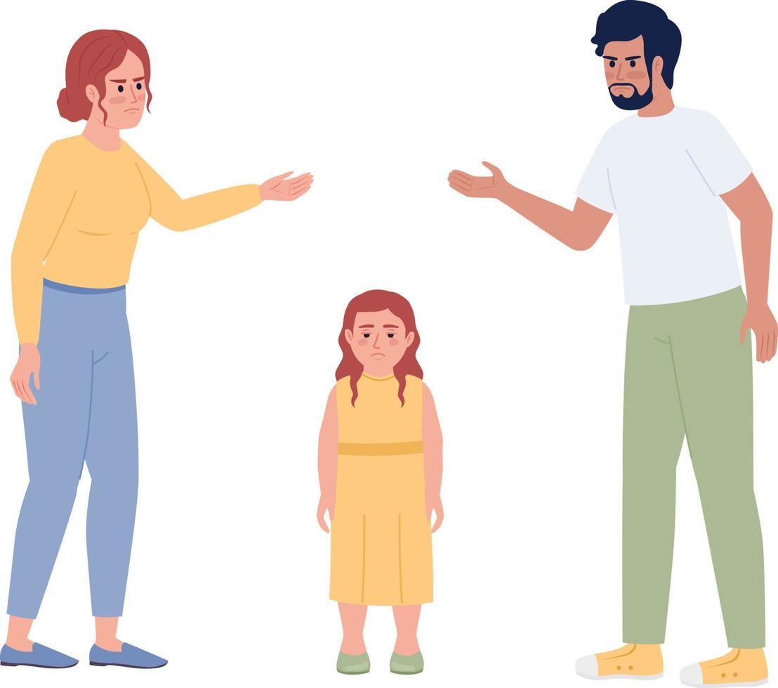 Parents arguing in front of child semi flat color vector characters