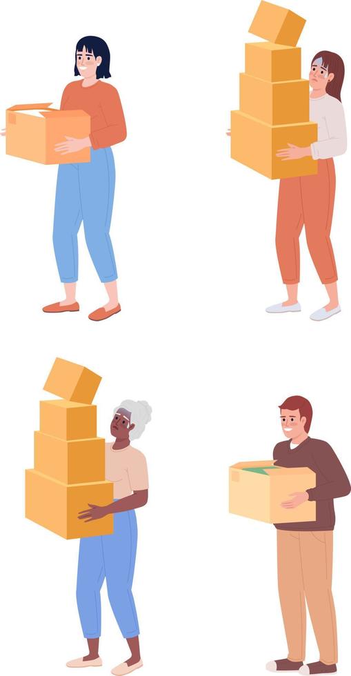 People carrying heavy cardboard boxes semi flat color vector characters set