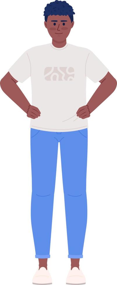 Positive young man holding hands on hips semi flat color vector character. Editable figure. Full body person on white. Simple cartoon style spot illustration for web graphic design and animation