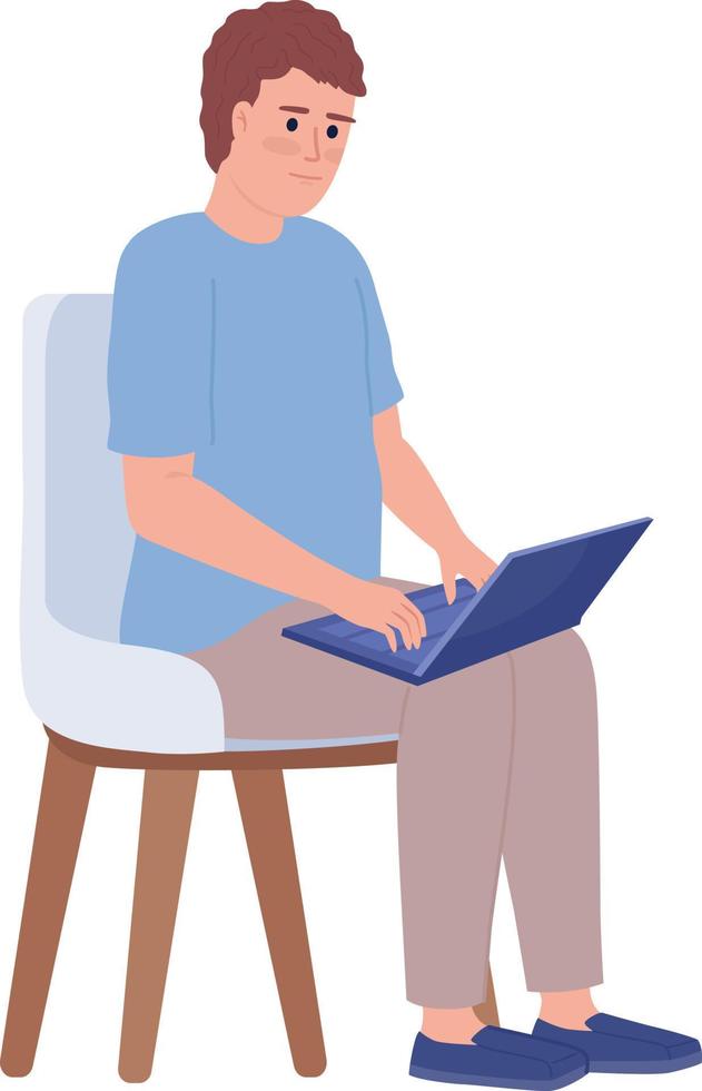 Man with laptop on lap sitting in armchair semi flat color vector character. Editable figure. Full body person on white. Simple cartoon style spot illustration for web graphic design and animation