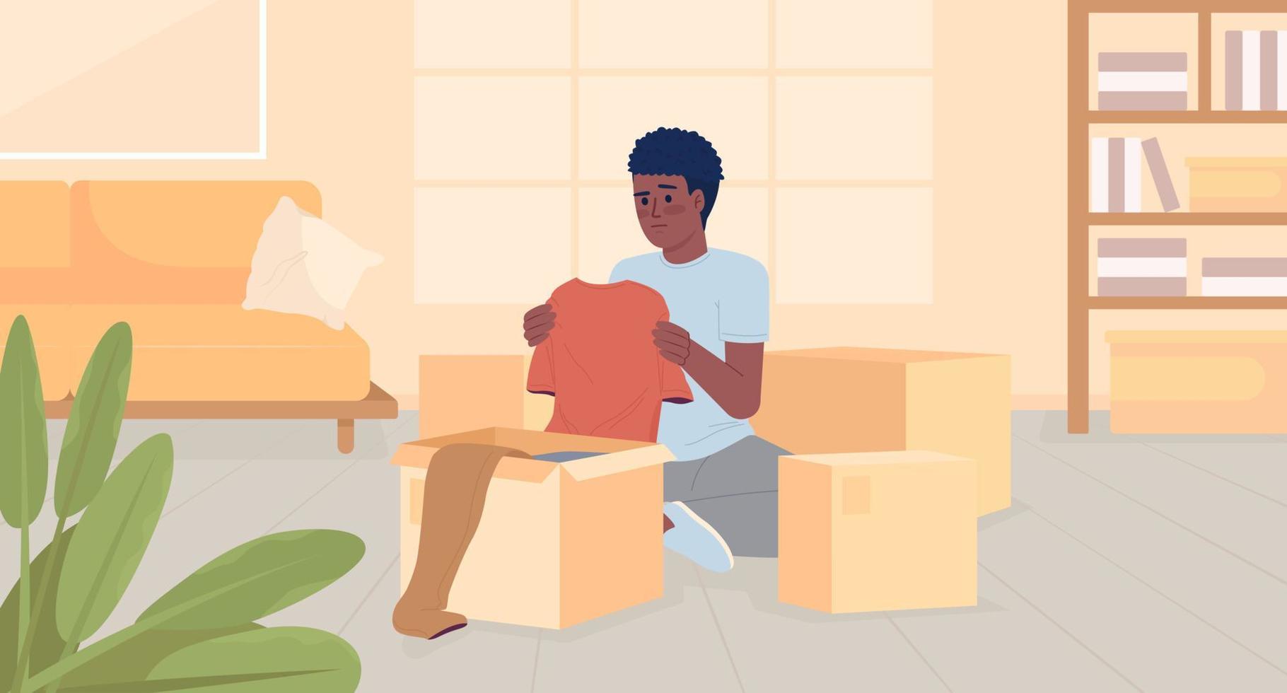 Decluttering before moving flat color vector illustration. Young man packing unwanted clothes into boxes. Hero image. Fully editable 2D simple cartoon character with house interior on background