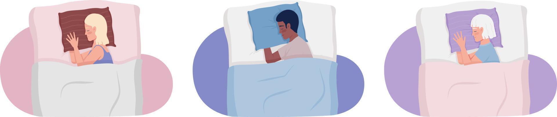 Side sleepers hugging pillows semi flat color vector characters set. Editable figures. Half body people on white. Simple cartoon style illustration pack for web graphic design and animation
