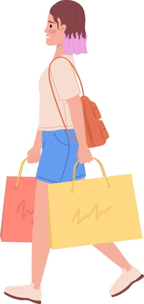 Teen girl with colorful hair strolling with bags semi flat color vector character. Editable figure. Full body person on white. Simple cartoon style illustration for web graphic design and animation