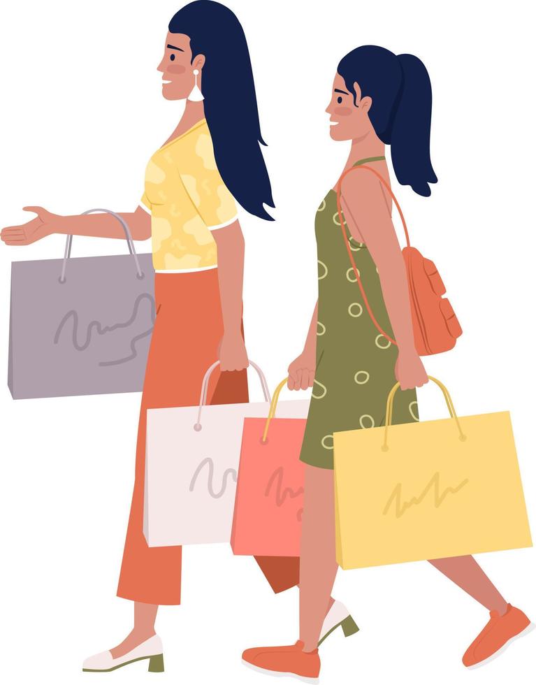 Happy mom and daughter with shopping bags semi flat color vector characters. Editable figures. Full body people on white. Simple cartoon style illustration for web graphic design and animation