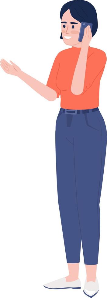 Smiling woman talking over mobile phone semi flat color vector character. Editable figure. Full body person on white. Simple cartoon style illustration for web graphic design and animation