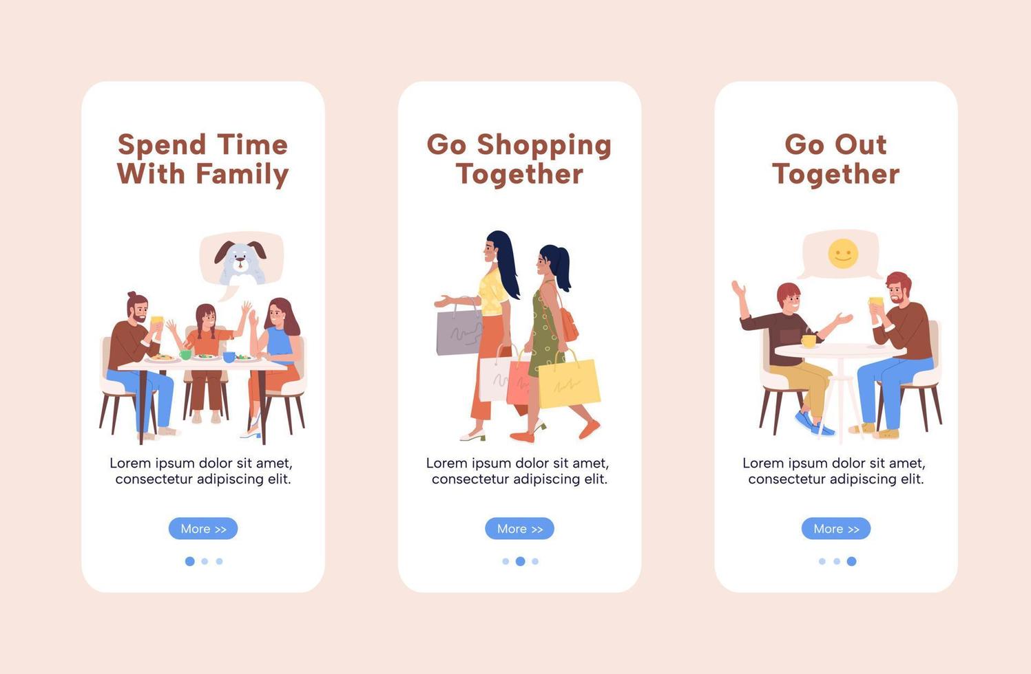 Family time onboarding mobile app screen flat template. Walkthrough website 3 steps with characters. Editable teens and parents UX, UI, GUI smartphone cartoon interfaces vector