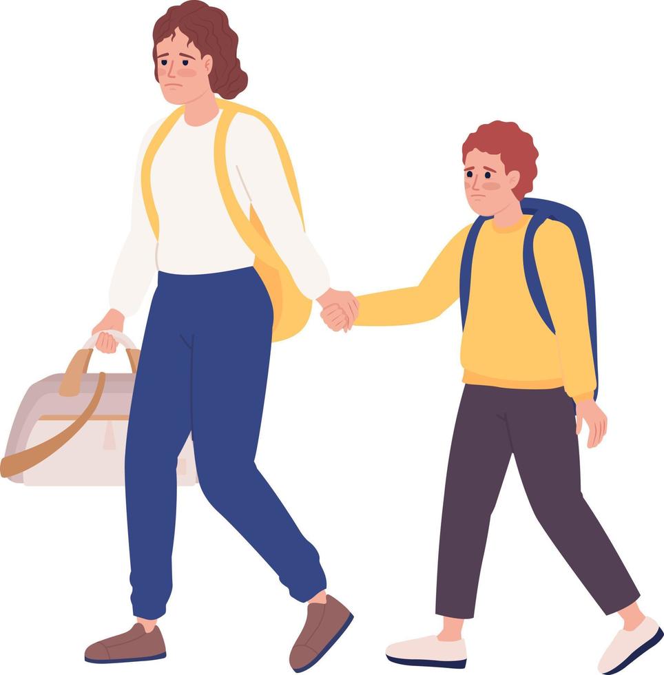 madre y hijo con equipaje dejando en prisa semi plano color vector caracteres