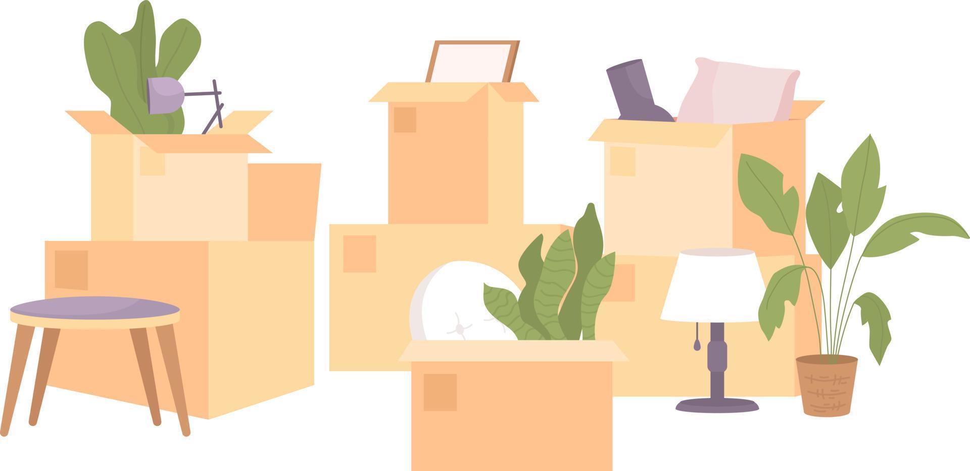 Messy pile of boxes with living room decor semi flat color vector objects