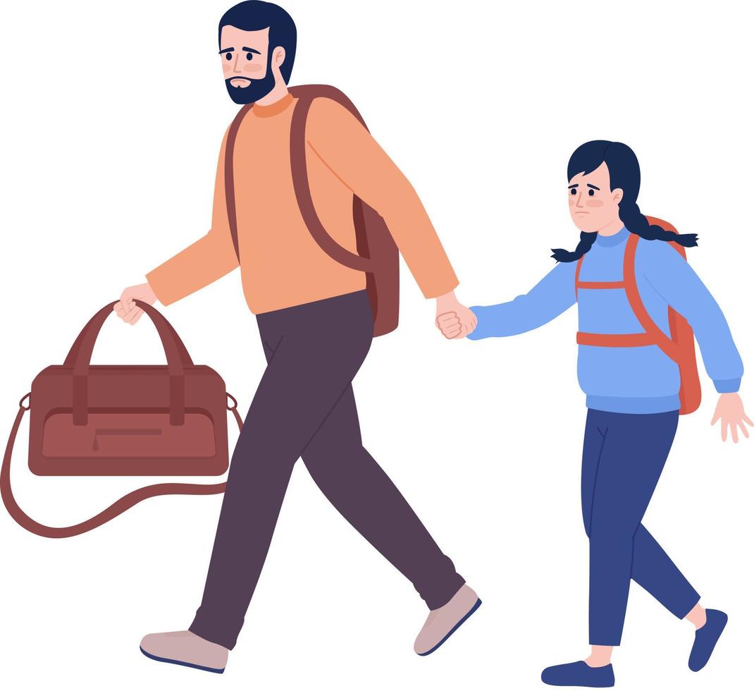Father and daughter refugees with belongings semi flat color vector characters