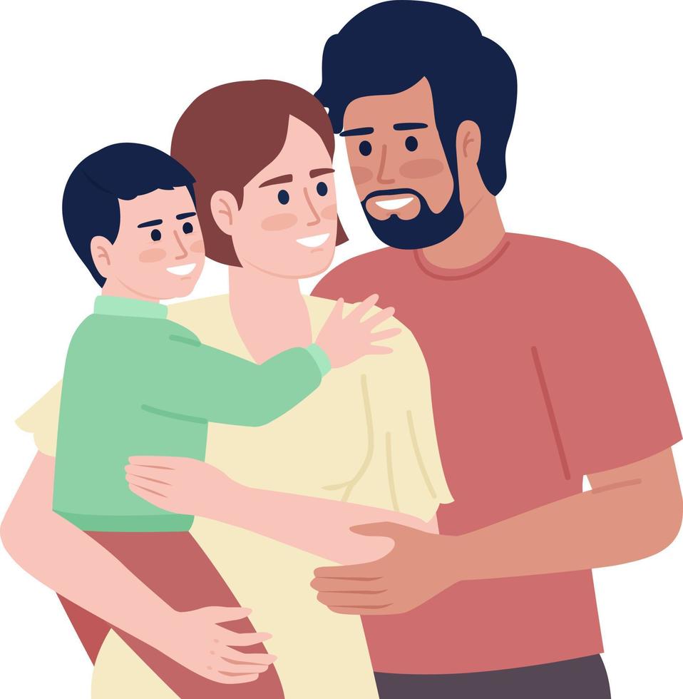 joven padres con niñito abrazando semi plano color vector caracteres