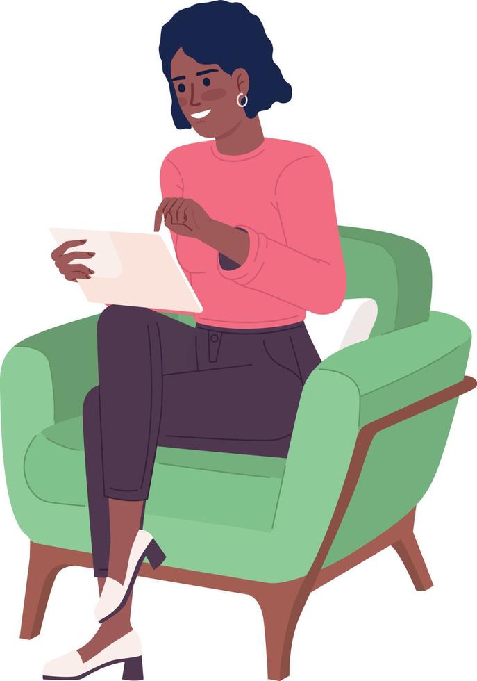 Happy lady with tablet sitting in armchair semi flat color vector character. Editable figure. Full body person on white. Simple cartoon style spot illustration for web graphic design and animation