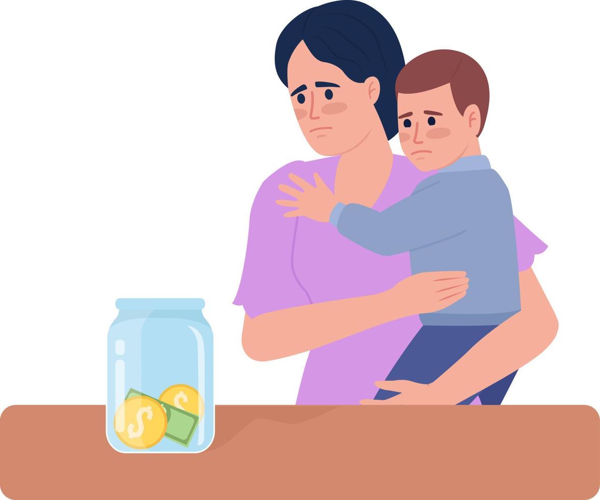 Woman with toddler anxious over financial situation semi flat color vector characters