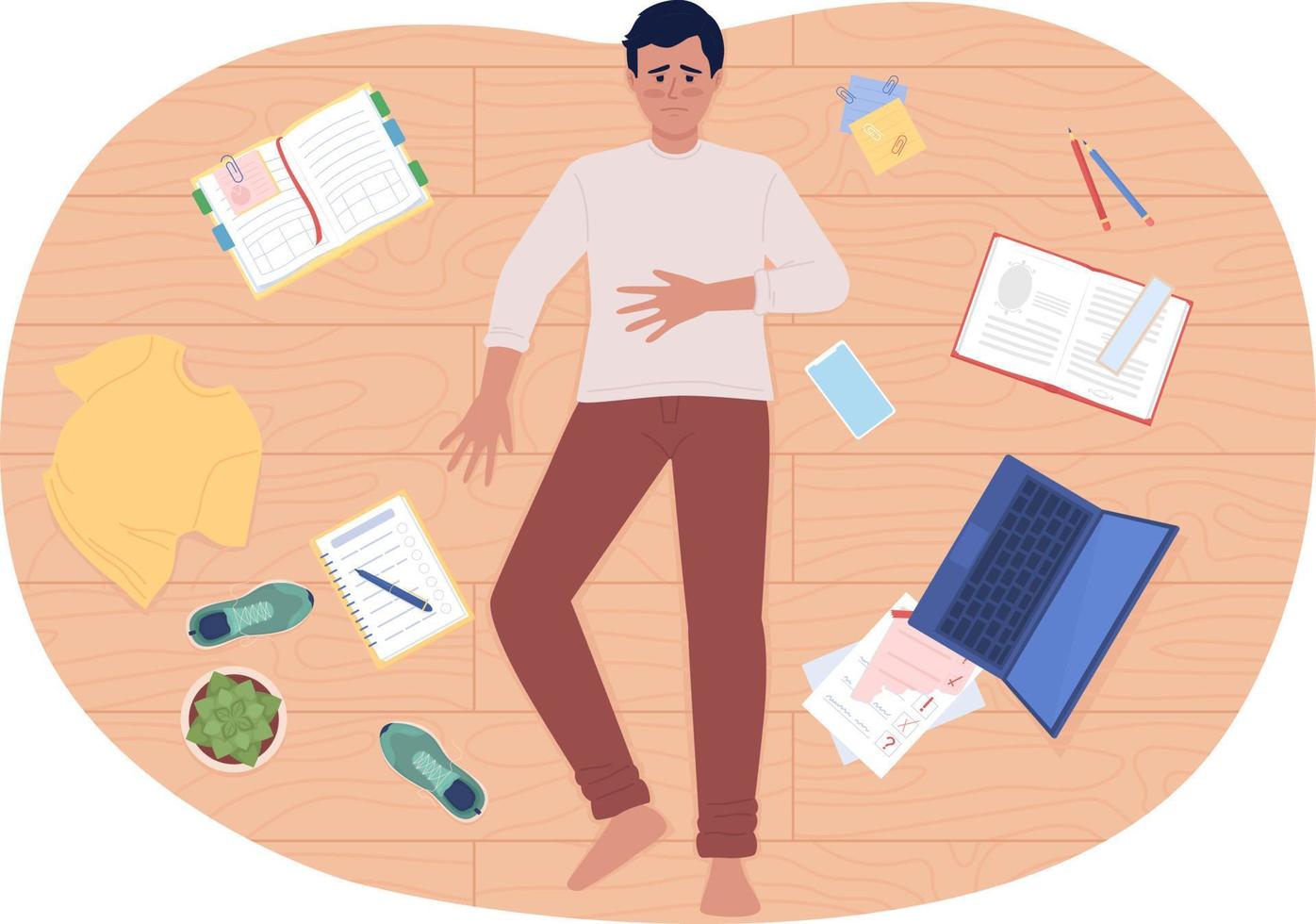 Being overwhelmed by messy house flat concept vector spot illustration. Editable 2D cartoon character on white for web design. Tired man lying on floor creative idea for website, mobile, magazine