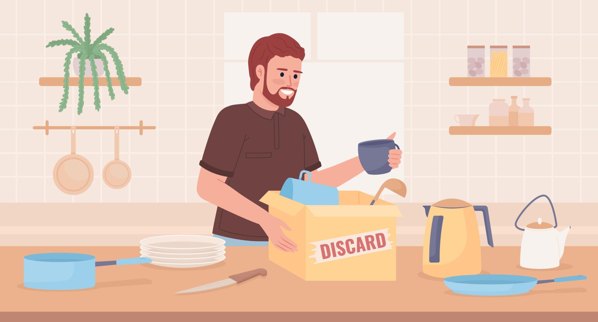 Decluttering kitchen countertop and drawers flat color vector