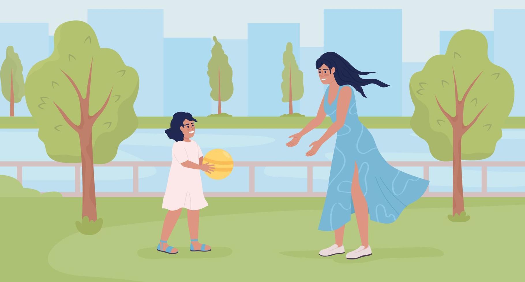 Mother with daughter enjoying time on waterfront flat color vector illustration. Playing with toddler on park. Hero image. Fully editable 2D simple cartoon characters with landscape on background