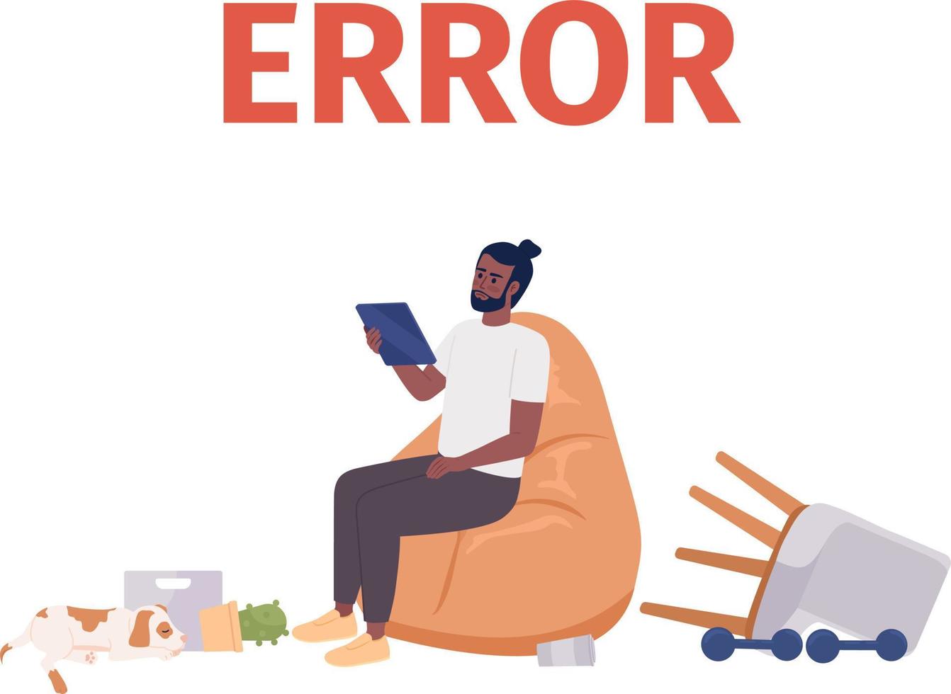 Losing internet connection on tablet 404 page not found illustration. Displeased man with mess around flat vector 2D cartoon character. Editable error flash message for application, web UX, UI design