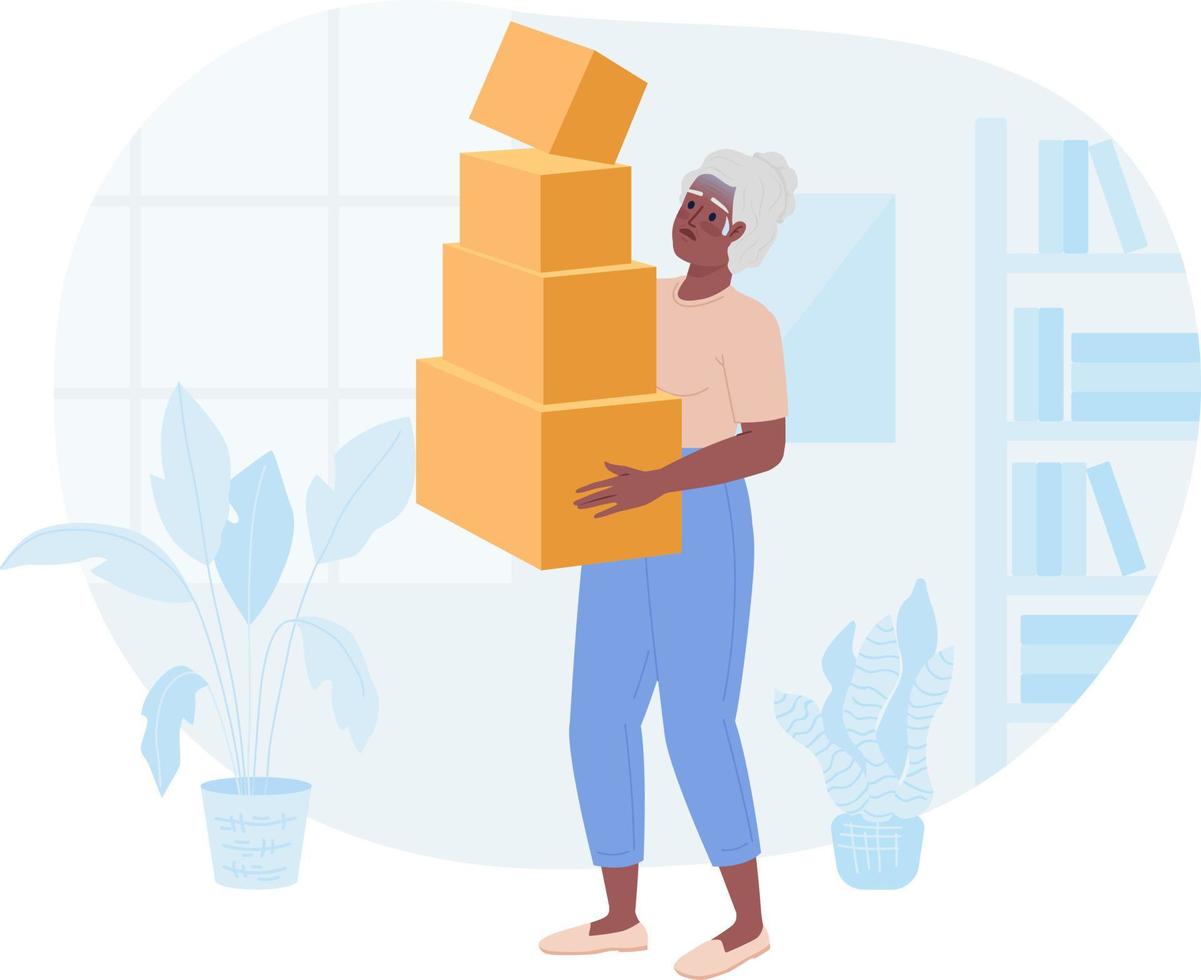 Hoarding disorder 2D vector isolated spot illustration. Old woman holding heavy cardboard boxes pile flat character on cartoon background. Colorful editable scene for mobile, website, magazine