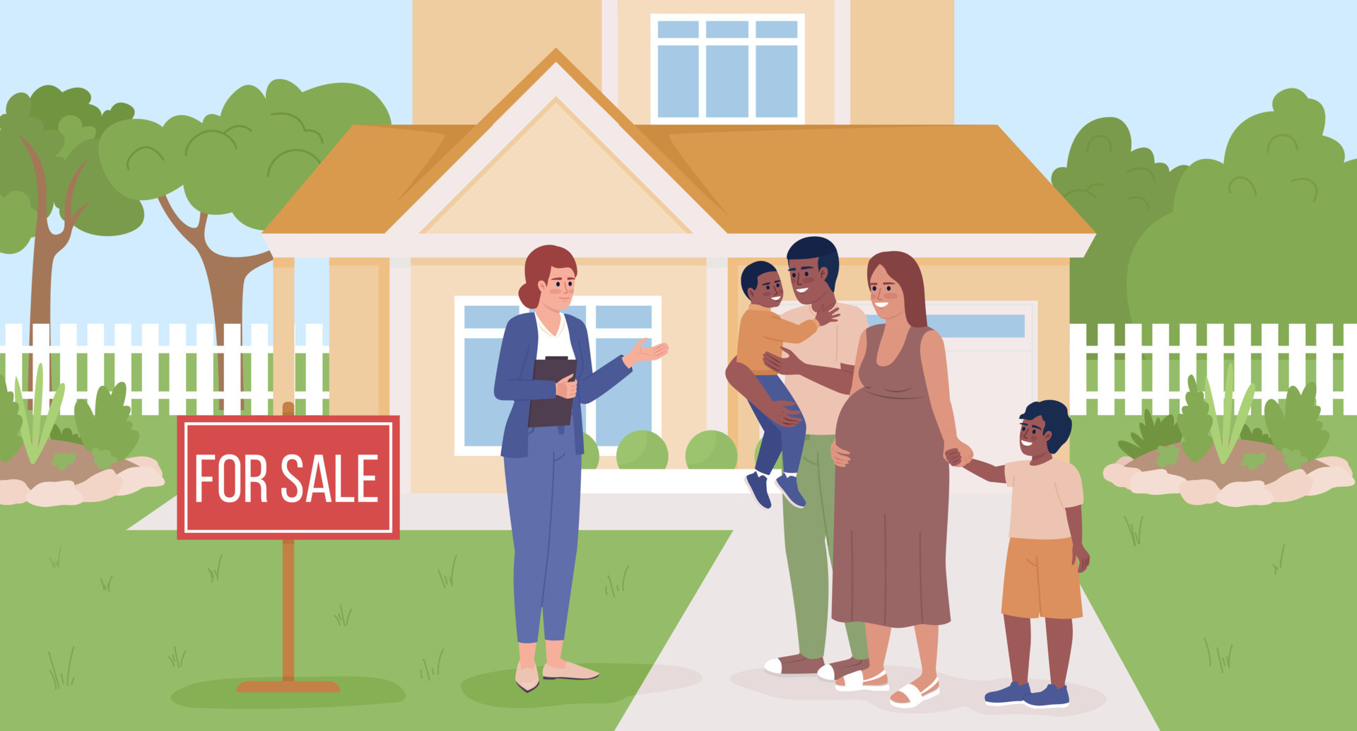 Realtor showing two story home to large family flat color vector
