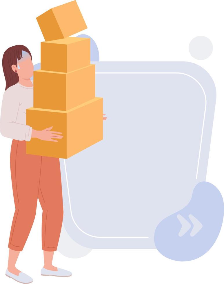 Frightened woman holding large pile of cardboard boxes quote textbox with flat character vector