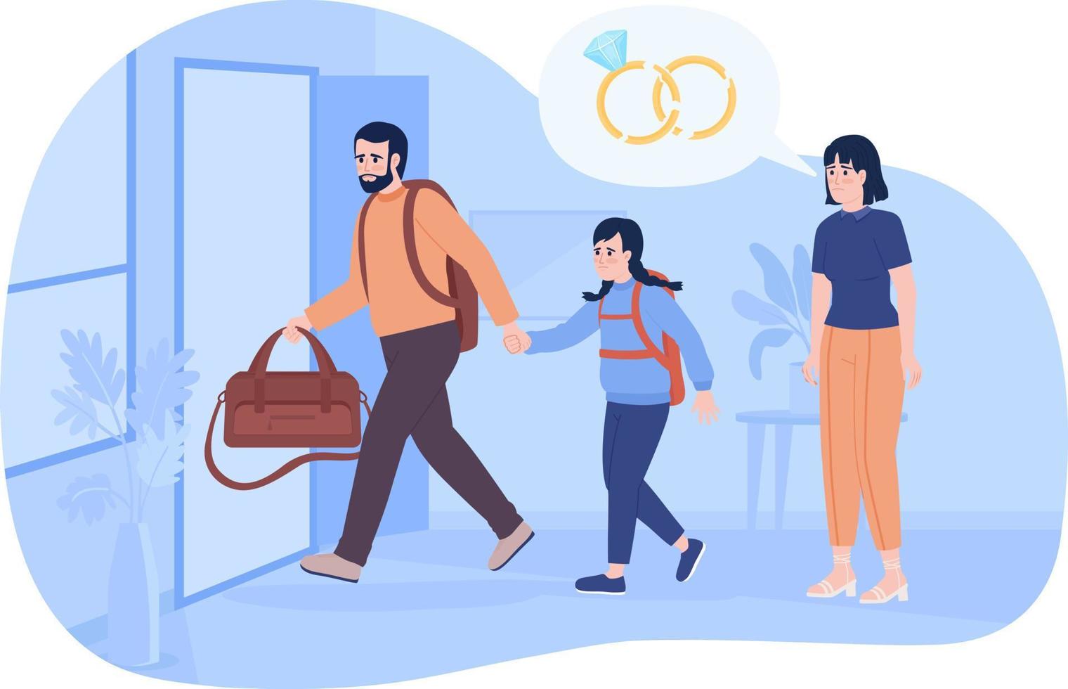 Divorced parents 2D vector isolated spot illustration. Father taking sad daughter away from mother flat characters on cartoon background. Colorful editable scene for mobile, website, magazine