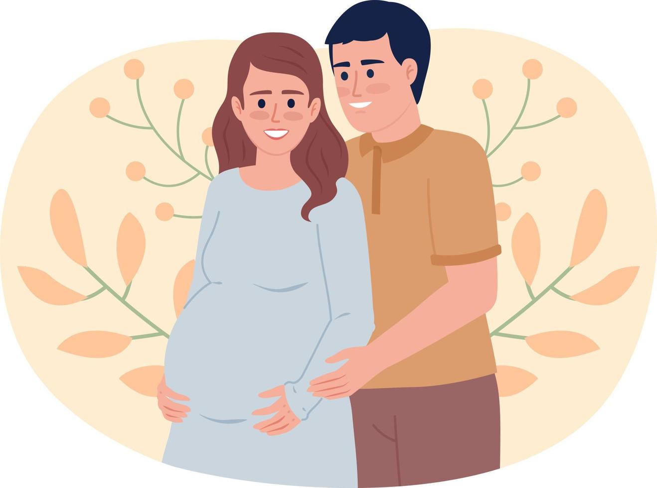 Expecting couple flat concept vector spot illustration. Editable 2D cartoon characters on white for web design. Happy husband hugging pregnant wife belly creative idea for website, mobile, magazine