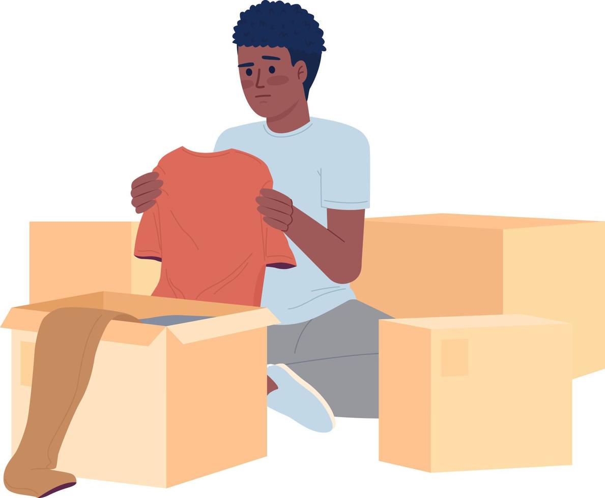 Teen boy decluttering clothes in boxes semi flat color vector character