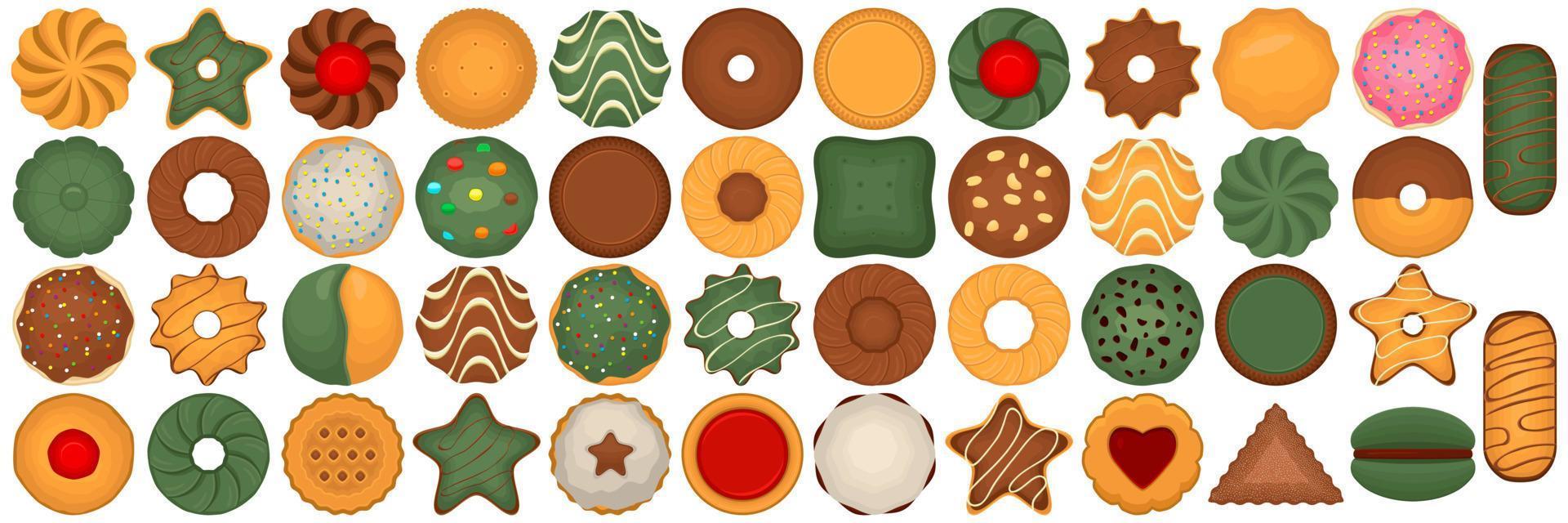 gran juego de galletas caseras de diferentes sabores en galletas de pastelería vector