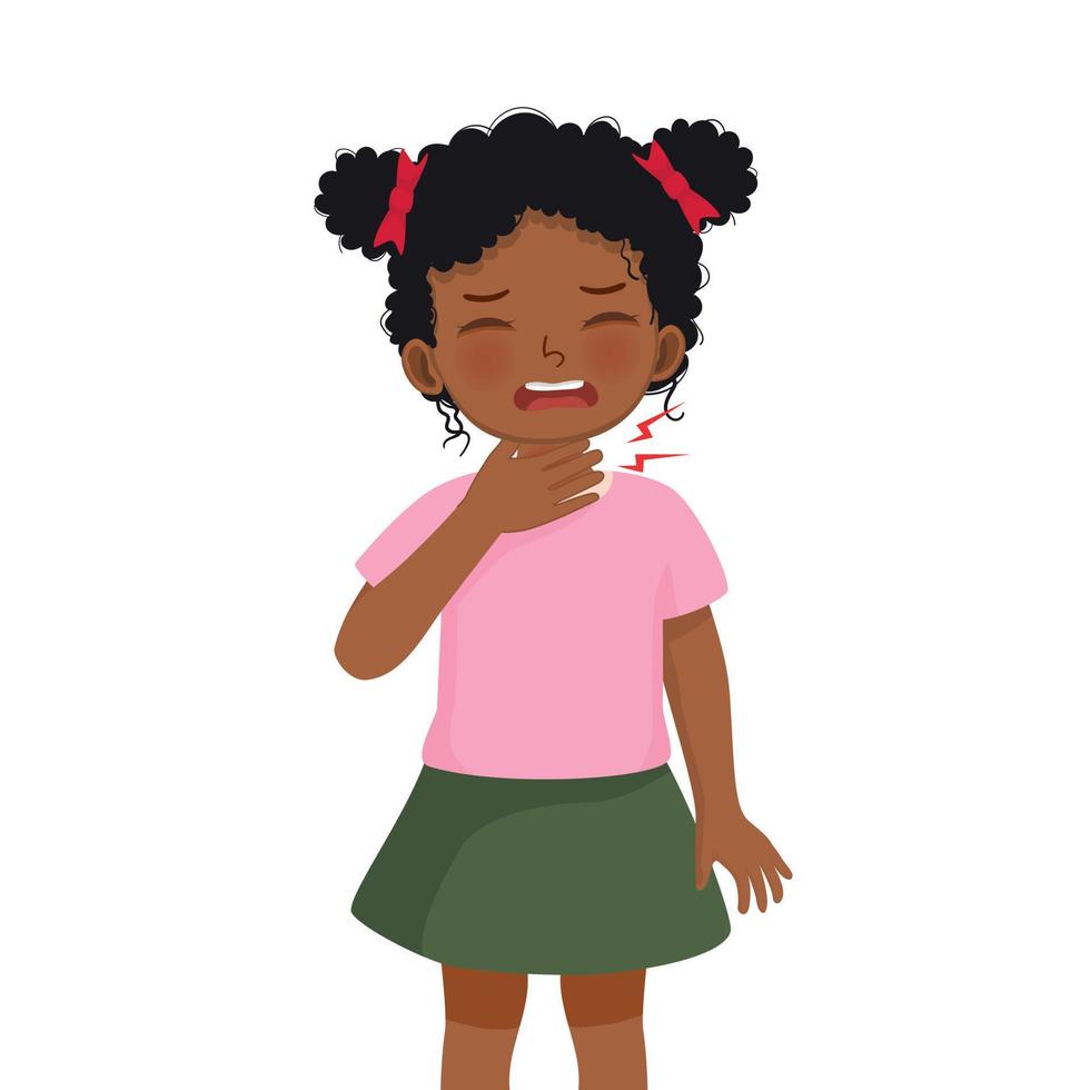 Cute little African girl suffering from sore throat touching her swelling and painful neck as symptoms of flu and allergy vector