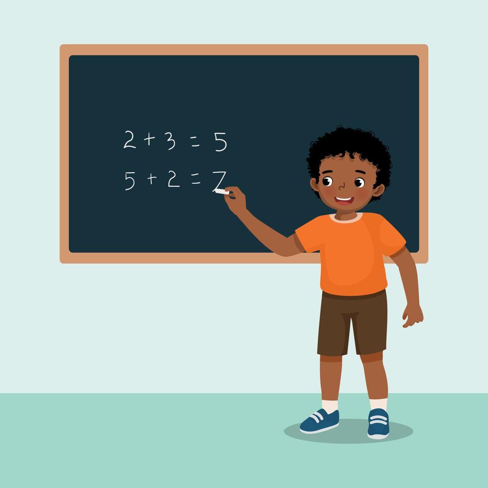 cute little African boy student writing with chalk math equation solution on the blackboard in front of class vector