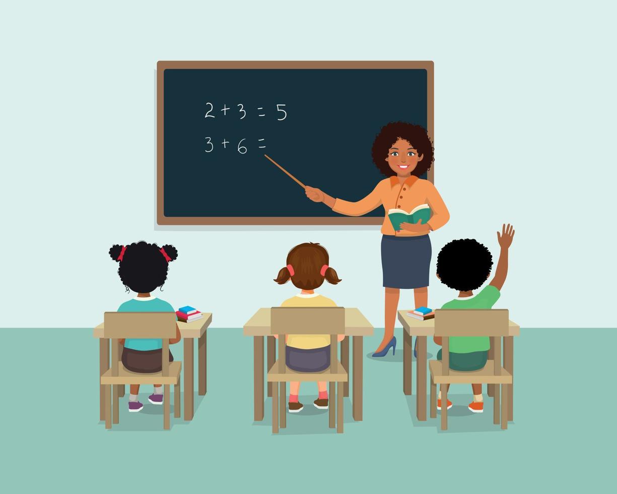 Young female African teacher with pointing stick teaching math lesson to students in the classroom vector