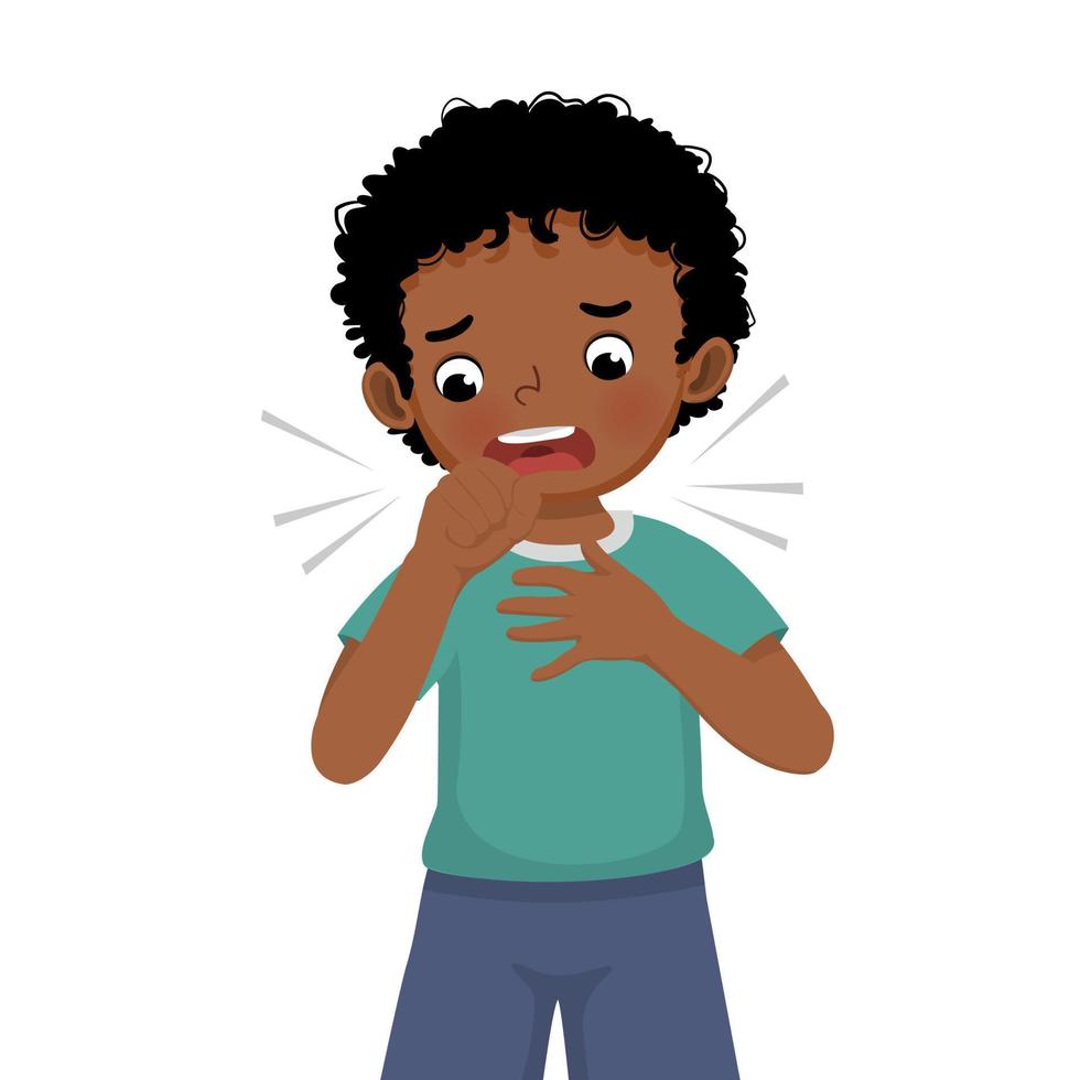 Cute little African boy coughing suffering from cold and flu as symptom of allergy or virus infection vector
