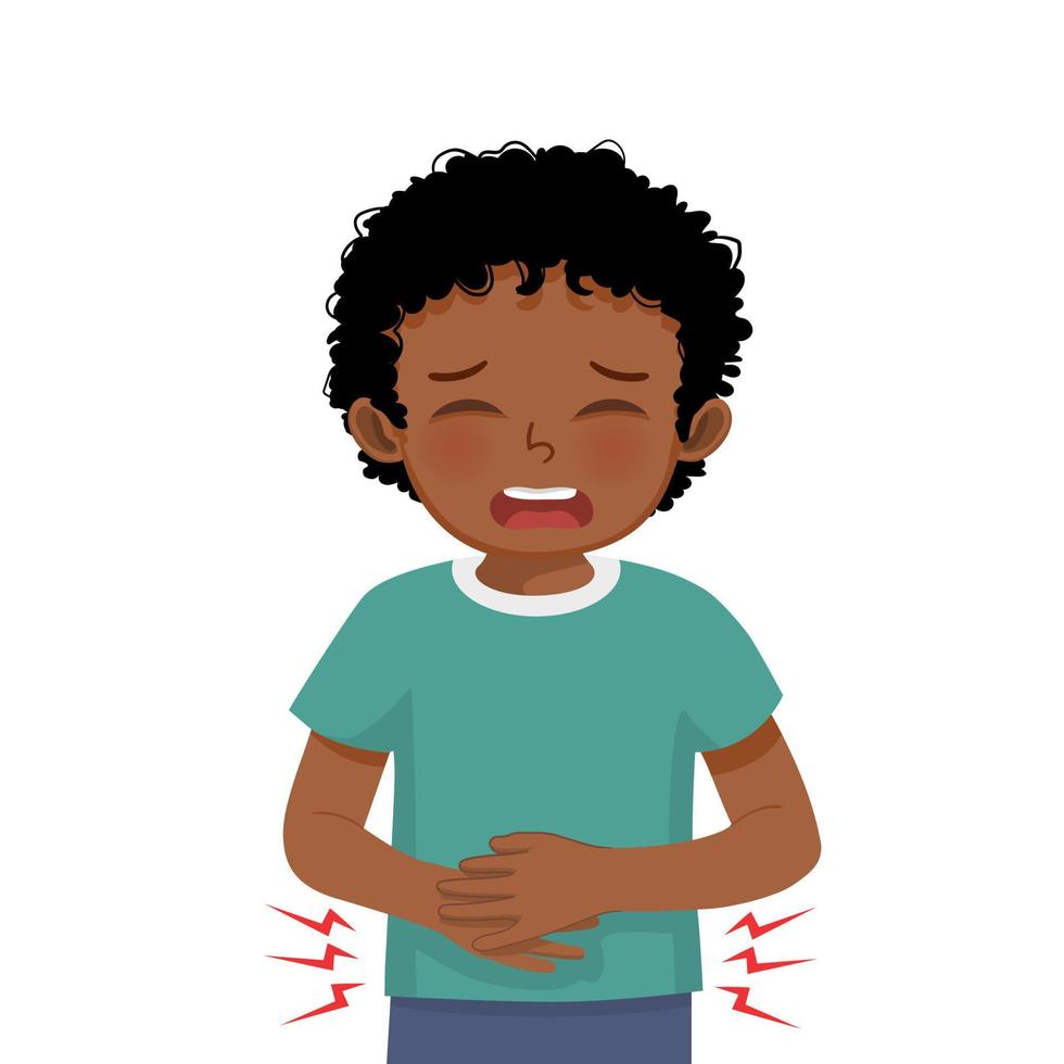 Cute little African boy suffering from stomachache, diarrhea, indigestion problem, abdominal pain, food poisoning, nausea, gastritis or bloating vector