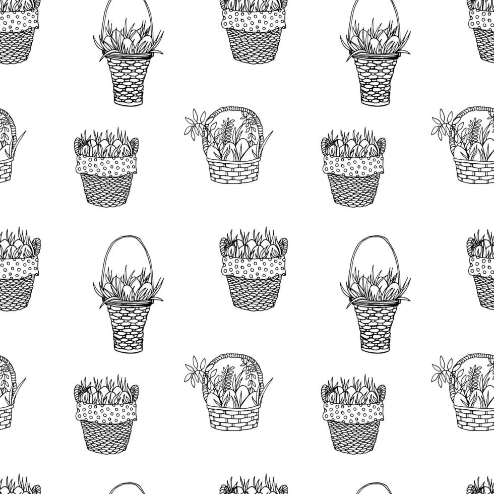 Easter basket seamless pattern. Happy Easter. Hand drawn vector picnic basket with eggs and flowers. Doodle style pattern. Design for holiday decor, textile, home decoration, wallpaper.