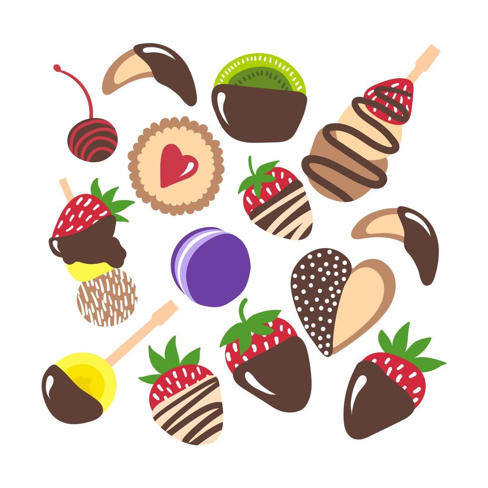 vector chocolate dulces colocar. mano dibujado dibujos animados chocolate dulce aislado. frutas en blanco y oscuro chocolate. fresa, kiwi, banana, cereza, Galleta, canapés, magdalena