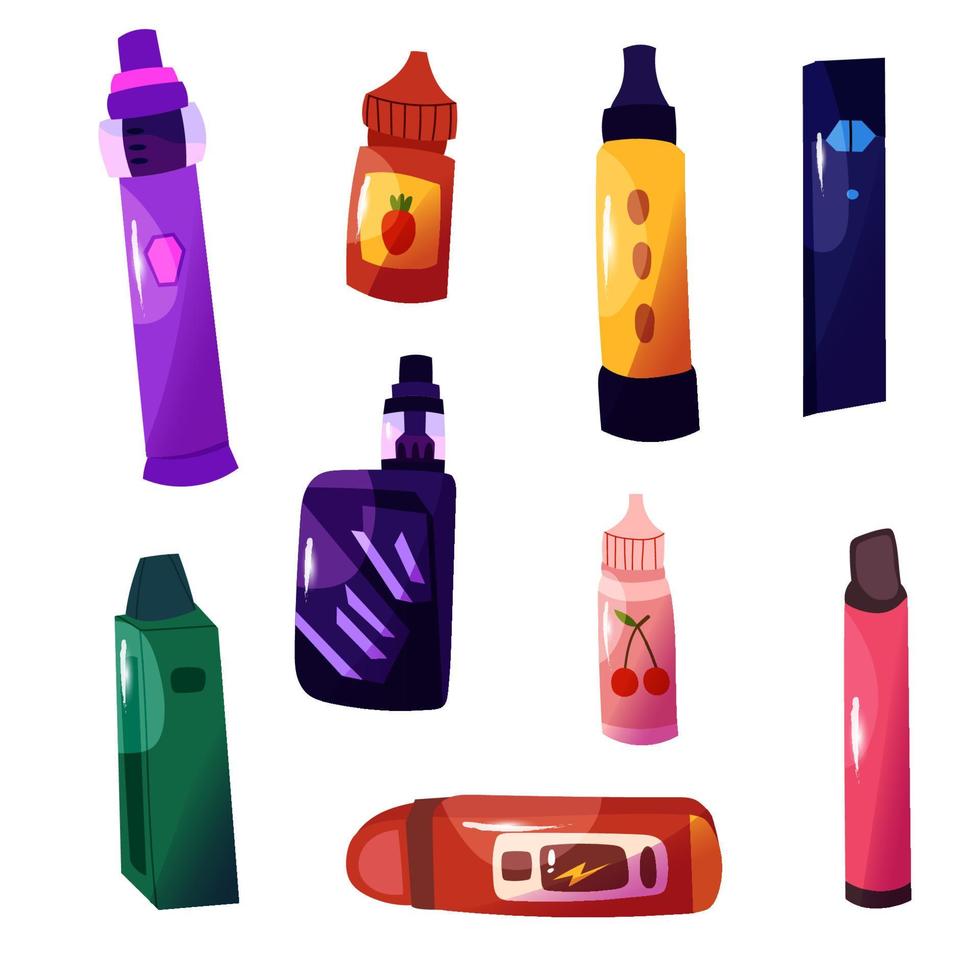 Electronic cigarettes vector icons. Vape device doodle collection. Various of colorful vape pens