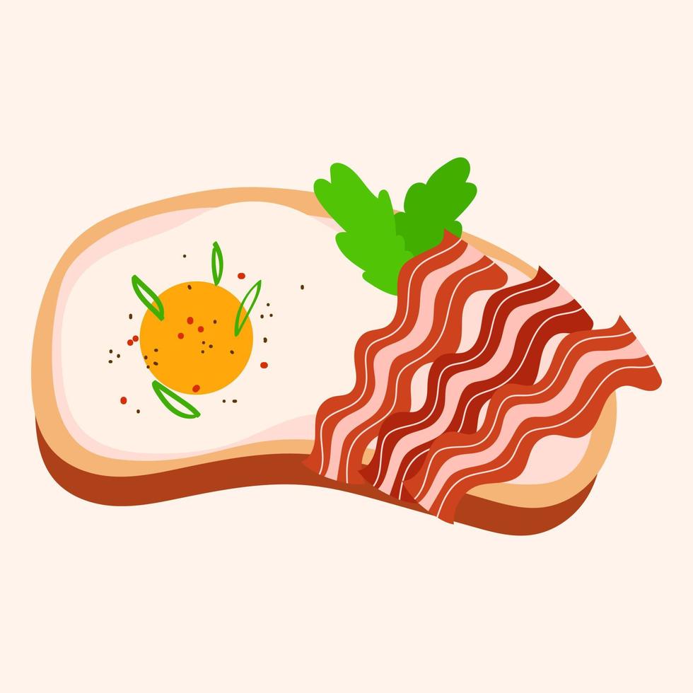 Fried egg and bacon on piece of bread with dill vector illustration. Hand drawn tasty meal concept