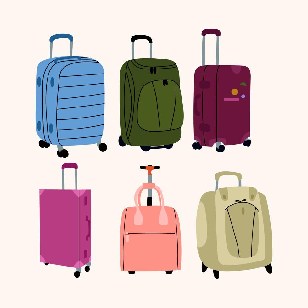 Travel bags vector set. Isolated plastic and fabric suitcases doodle style. Illustration for tourism, journey concept, luggage and baggage