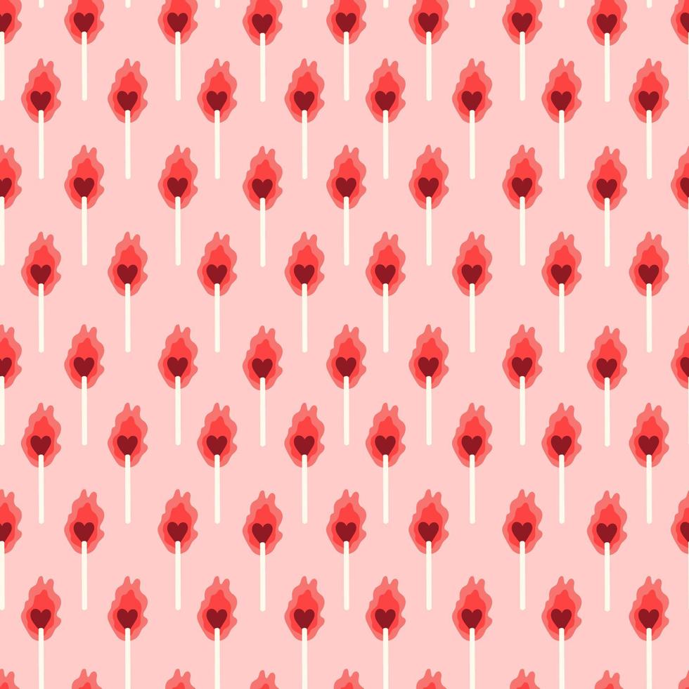 Burning heart doodle seamless pattern. Repeated print with heart shape matches on pink background vector