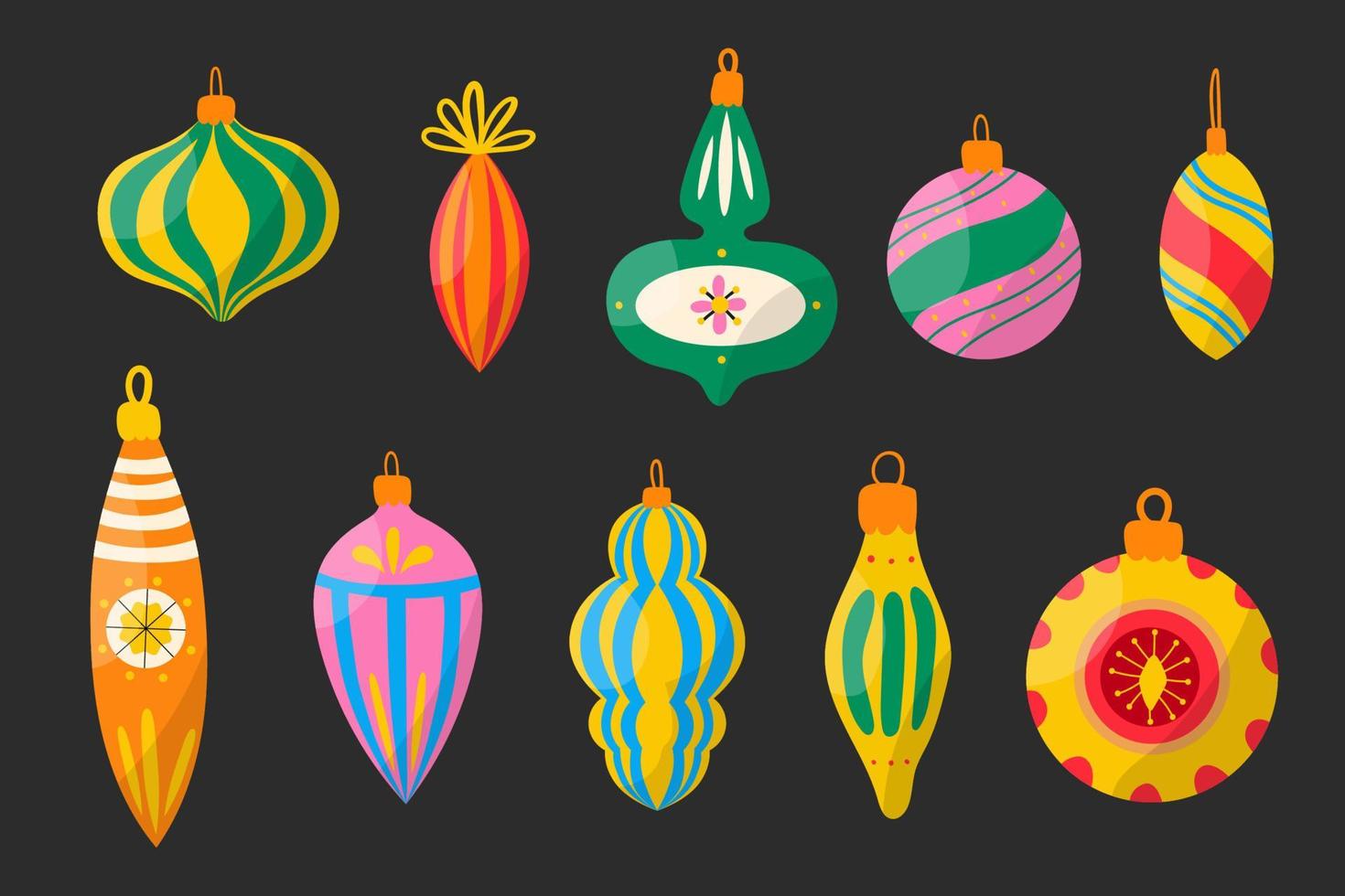 Set of vector hand drawn christmas decorations. Isolated colorful doodle baubles for Christmas holidays