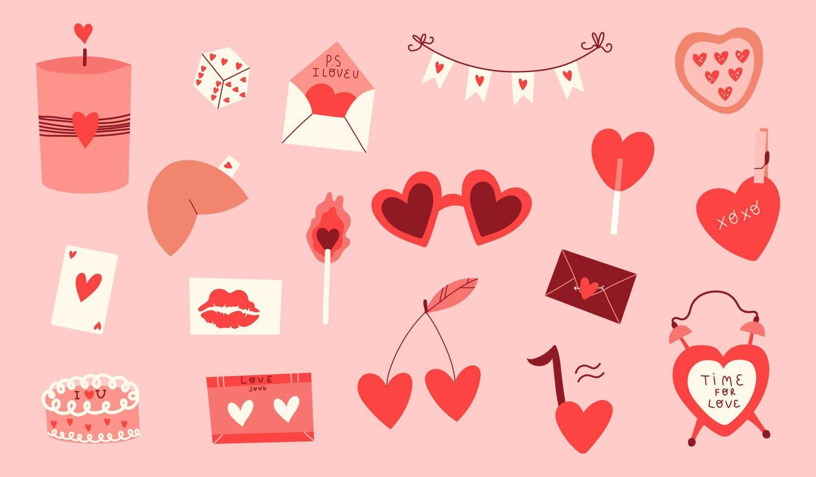 Happy Valentine's Day hand drawn stickers collection. Vector isolated romantic elements and hearts on pink background