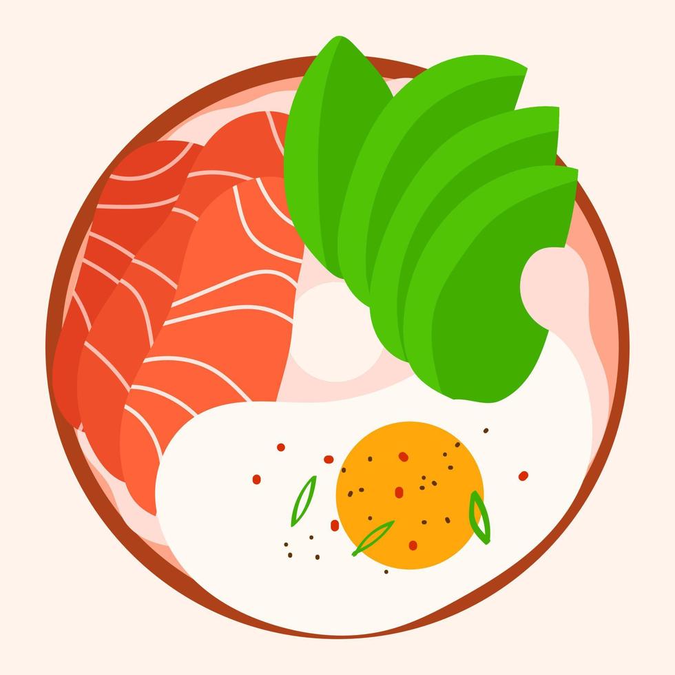 Delicious cartoon breakfast with fried egg, avocado and slices of meat. Isolated vector plate with tasty food top view.