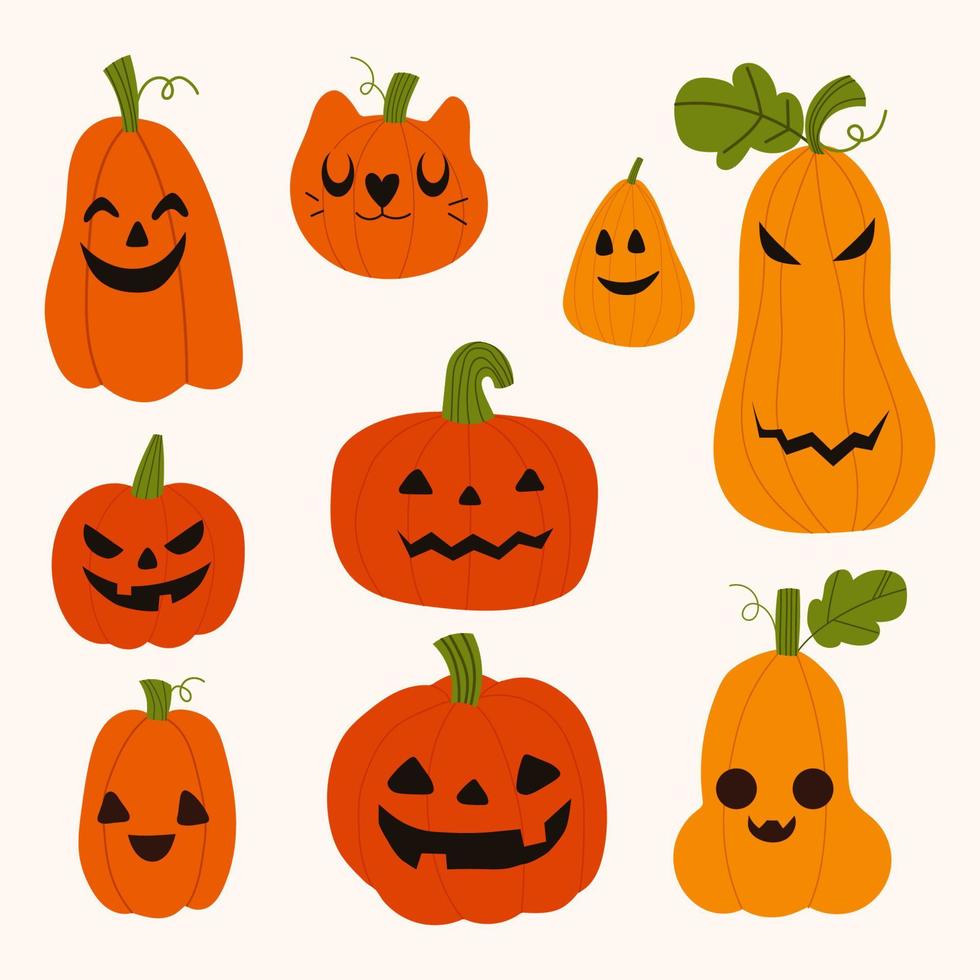 Set of isolated smiling pumpkin in doodle style. Vector cartoon pumpkin lanterns collection for Halloween designs