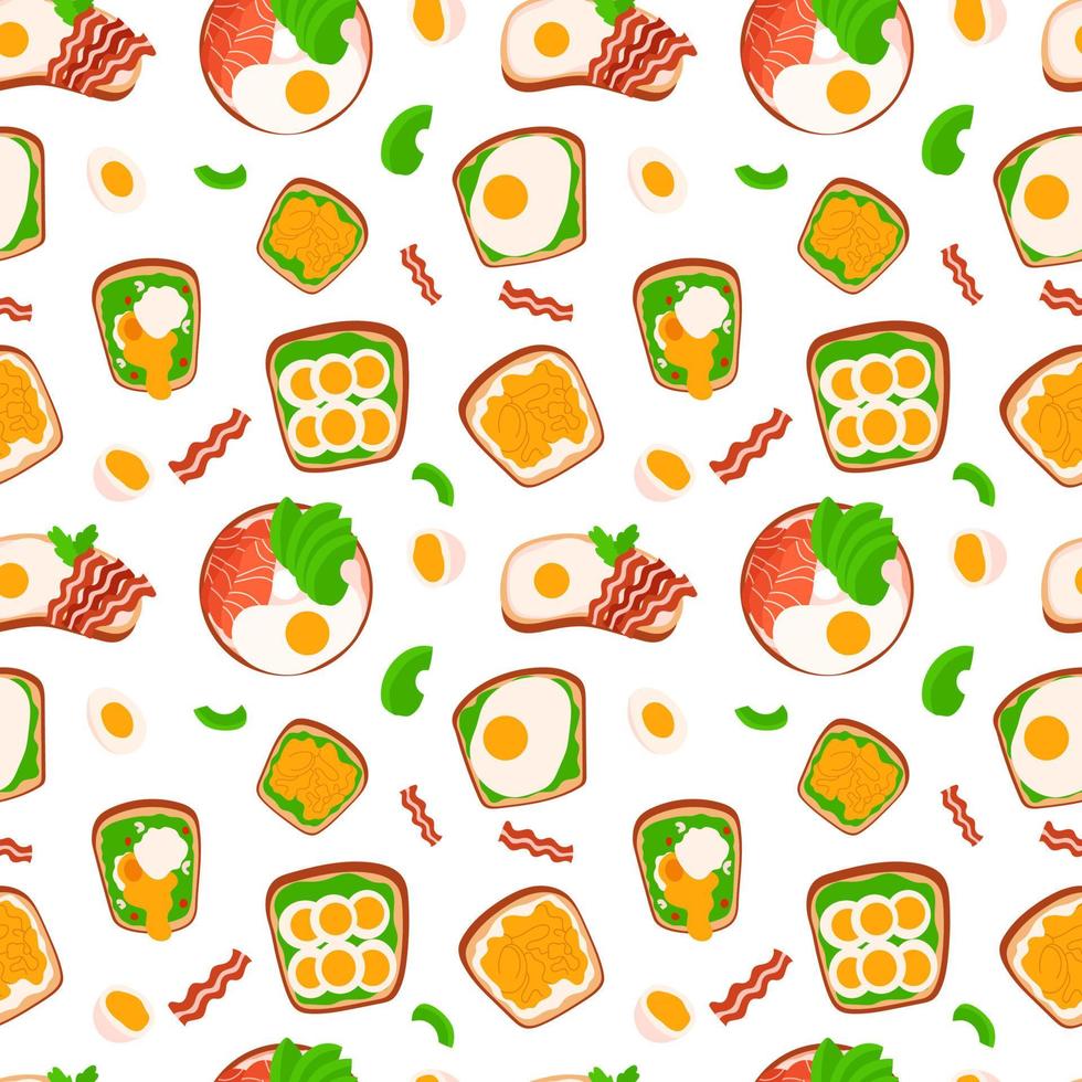 Fried eggs and bacon cartoon seamless pattern. Delicious menu endless wallpaper vector