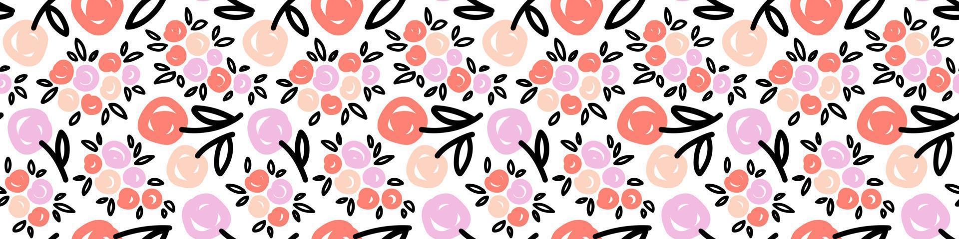 Hand drawn seamless Pattern with big and small Flowers for textile, wallpaper, greeting, wrapping, package. Stylized roses background. Simple Spring or Summer texture. Vector illustration.