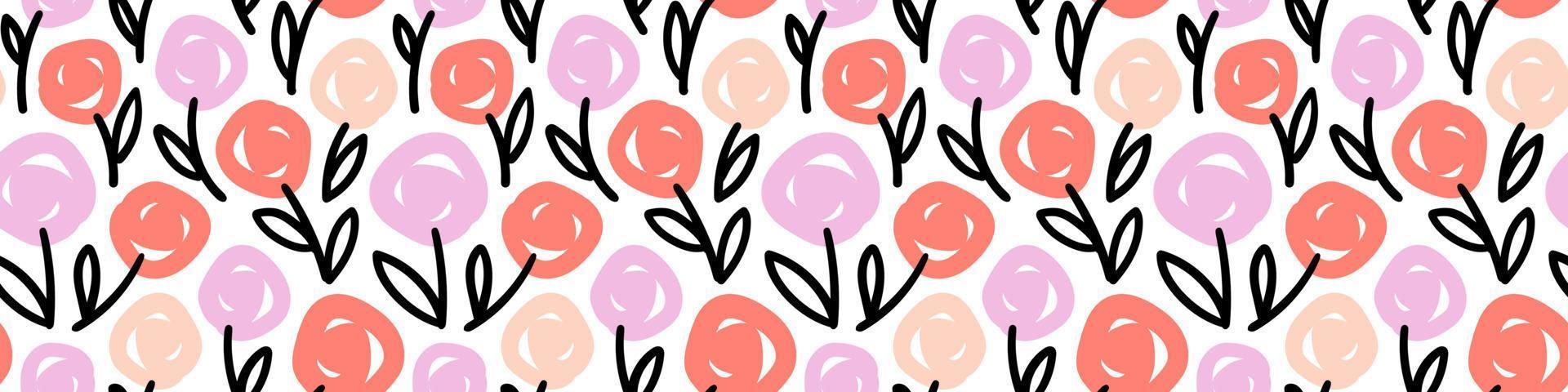 Hand drawn seamless Pattern with Flowers for textile, wallpaper, greeting, wrapping, package. Stylized roses background pink, red, beige, black. Simple Spring or Summer texture. Vector illustration.